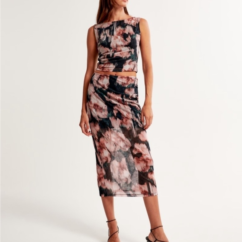 Abercrombie & Fitch Pink and Gray Floral High Rise Stretch Mesh Midi Skirt